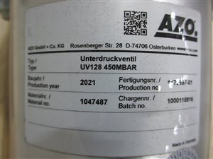 AZO UV 128 onderdrukventiel - ongebruikt